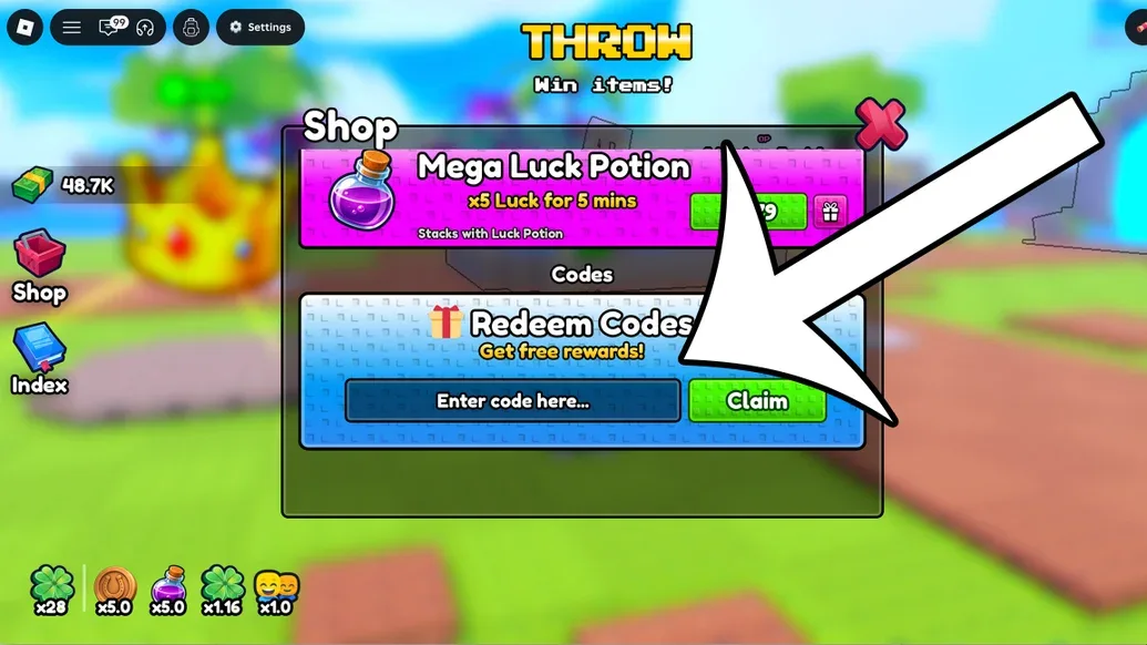 Throw a Coin Codes section in the Shop menu